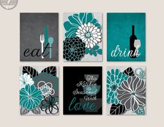 four teal and gray wall art pieces with the words eat, drink, love