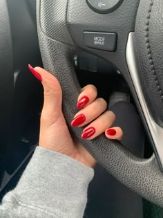 Almond Nails Coloured Tips, Red Nail Asthetic, Long Round Red Nails, Kylie Red Nails, Darker Red Nails, Red Almost Nails, Medium Almond Acrylic Nails Red, Medium Almond Nails Red, Medium Almond Red Nails