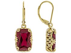 6.29ctw Lab Created Ruby 18k Yellow Gold Over Sterling Silver Earrings. Measures Approximately 0.64"L x 0.40"W. Ruby Earrings, Broken Chain, Ruby Gemstone, Earrings Collection, Cultured Pearls, You've Been, Cross Pendant, Post Earrings, Sterling Silver Earrings