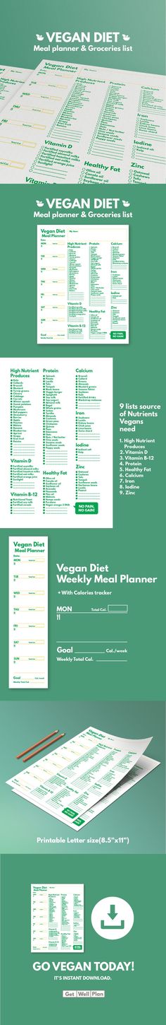 Vegan Diet : Meal Planner & Grocery List ‡‡‡ Weekly meal planner with Calories tracker ‡‡‡ Vegan Groceries List: contain 9 lists source of nutrient vegans need 1. High Nutrient Produces 2. Vitamin D 3. Vitamin B-12 4. Protein 5. Healthy Fat 6. Calcium 7. Iron 8. Iodine 9. Zinc Size: Standard size: Letter size (8.5"x11") Eating Planner, Vegan Groceries, Groceries List, Vegan Grocery List, Weight Watchers Meal Plans, Clean Eating Lifestyle, Diet Planner