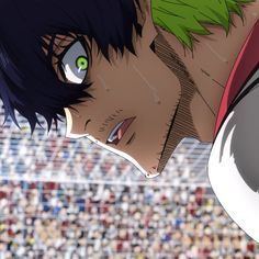 an anime character with green eyes staring into the distance in front of a stadium full of people