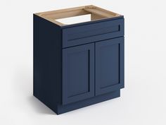 a blue cabinet with two doors and one drawer on the bottom is shown in front of a white background