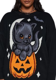 Plus Size Trickz N' Treatz Pumpkin Kitten Oversized Sweater - Black – Dolls Kill Fall Crew Neck Sweater With Cat Design, Crew Neck Sweater With Cat Design For Fall, Winter Cat Print Crew Neck Sweater, Casual Halloween Knit Sweater, Halloween Crew Neck Sweater, Fall Crew Neck Sweatshirt With Cat Design, Spooky Cat Design Tops For Fall, Spooky Cat Print Tops For Fall, Spooky Fall Tops With Cat Print