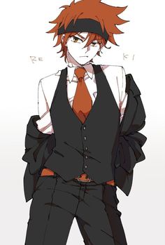 an anime character wearing a suit and tie with his hands on his hips, standing in front of a white background