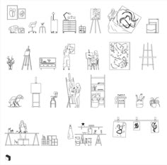 an image of various art and crafting related items in black and white line drawings