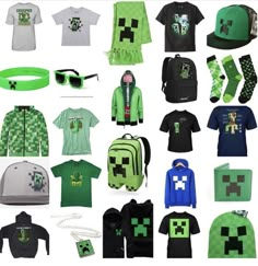 a collage of green and black items including shirts, hats, sunglasses, headbands