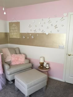 Pink and gold baby girl nursery Pink Walls With Gold Accents, Pink And Gold Striped Wall, Nursery Accent Wall Paint, Pink White And Gold Bedroom, Pink And Gold Girls Room, Pink And Purple Girls Room, Pink And Gold Girls Bedroom, Pink And Gold Wall, Gold Baby Nursery