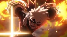 an anime character in front of fire with his arms stretched out and head tilted to the side