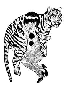 a black and white drawing of a person riding on the back of a tiger's back