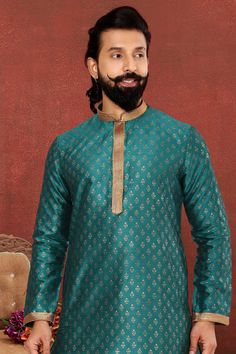 Step into style with the Reach Color Gorgeous Fancy Fabric Reception Wear Readymade Kurta Pyjama for Men. This ensemble features luxurious fabric that is both soft and durable, making it perfect for long hours of wear during special occasions. The kurta pyjama is designed to provide a flattering fit, accentuating your look for receptions and other celebrations. Enjoy the ease of a ready-to-wear outfit without compromising on traditional elegance. Make a lasting impression with this standout piece in your ethnic collection. Teal Fabric, Teal Colors, Wearing Clothes, Luxury Fabrics, Silk Fabric, Special Occasion, Pajamas