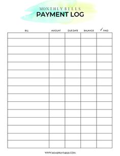 the printable payment log is shown in blue and green watercolors, as well as