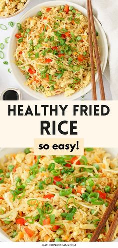 healthy fried rice with vegetables in a bowl and chopsticks