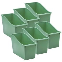 six green plastic storage bins stacked on top of each other