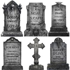 tombstones with crosses and headstones on them, all in different shapes and sizes