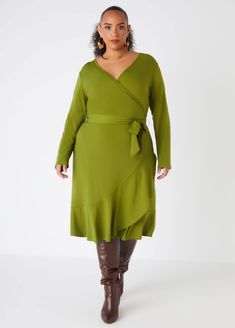 Embrace effortless elegance in our stretch-knit dress, featuring a beautifully draped faux wrap neckline and skirt. The waist-defining belt accentuates your figure, while the flounced hemline is a delicate dose of flirty femininity. Plus Size Semi Formal, Dresses For Church, Wrap Dress Plus Size, Plus Size Wrap Dress, Plus Size Work Dresses, Dresses Date Night, Plus Size Work, Stretch Knit Dress, Church Dress