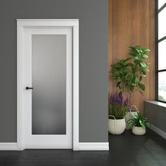 an empty room with potted plants and a mirror on the door way to another room