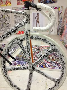 a bicycle is decorated with intricate designs