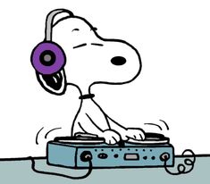 a cartoon dog with headphones on dj's turntable