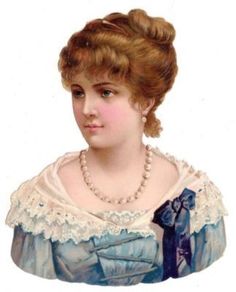 an old photo of a woman in blue dress with pearls on her neck and hair pulled back