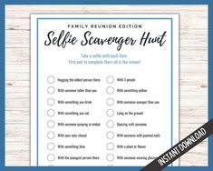 the selfie scavenger hunt printable is shown on a wooden table with a blue