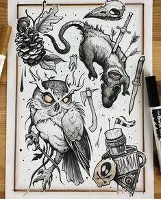 an ink drawing with different types of animals and birds on it's paper, next to some markers