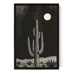 a black and white drawing of a cactus in the desert at night, with the moon behind it