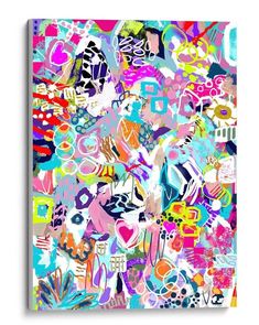 an abstract painting with lots of different colors and shapes on the canvas, it is very colorful