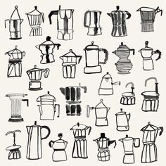 a bunch of coffee pots and kettles drawn in ink by hand on white paper