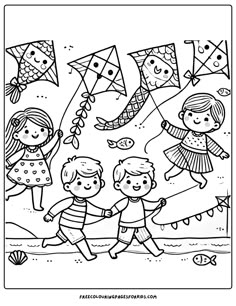 a charming kite-flying scene Beach Coloring Sheets, Beach Coloring Pages, Fun At The Beach, Free Kids Coloring Pages, 2023 Art, Free Coloring Sheets, Coloring Sheets For Kids, Color Wave