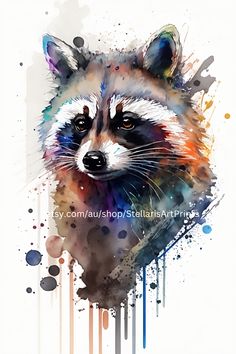 a painting of a raccoon with paint splatters on it