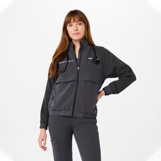 Official FIGS® Outerwear. Get Free Shipping On Orders $50+! | FIGS Womens Charcoal Sydney - Scrub Jacket Vest Layering, Medical Outfit, Scrub Jackets, Medical Uniforms, Model Fits, Shell Jacket, Scrub Tops, Grey Women, Charcoal Color