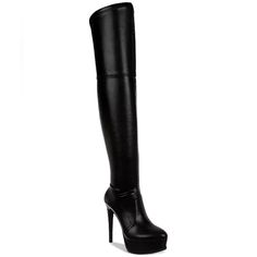 A Leg-Lengthening Silhouette Tops Chunky Platforms And Stiletto Heels For A Stunning Profile In The Thalia Sodi Silena Over-The-Knee Boots. 5" Stiletto Heel; 1-1/2" Platform Shaft Height: 21"; Circumference: 13-1/2"; Measured On A Size 6 Almond Toe Functional Inside Zip Note: Shaft Height And Circumference Vary By Size. Manmade Upper; Manmade Lining; Rubber Sole Imported Item Is New In Box Size- 5 Color- Black Fitted High Shaft Boots, Tall Boots For Evening Wear, Black High Shaft Fitted Boots, Fitted Black High Shaft Boots, Black Fitted High Shaft Boots, High Heel Knee-high Boots For Night Out, Elegant Thigh-high Faux Leather Boots, Synthetic Knee-high Boots For Night Out, Synthetic Knee-high Party Boots