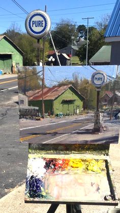 an easel with some paint on it in front of a building and a sign that says pure