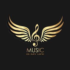 music is my life logo with golden wings and musical note on the black background illustration