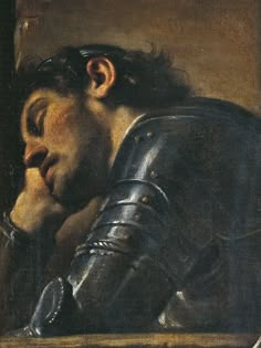 a painting of a man in armor resting his head on his hand and looking down