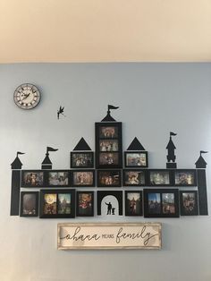 there is a clock on the wall with many pictures