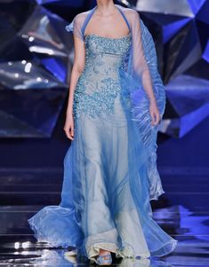 Blue Marine Runway, Blue Dress Runway, Blue Runway Dress, Ocean Inspired Dress, Abed Mahfouz, Runway Fashion Couture, Blue Gown, Runway Dresses