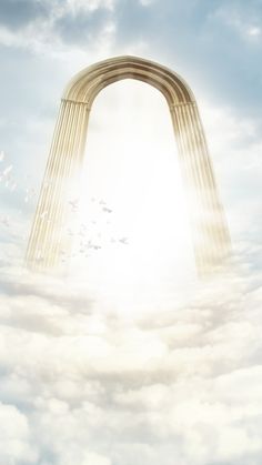 an arch in the sky with birds flying over it and words that read, bible word