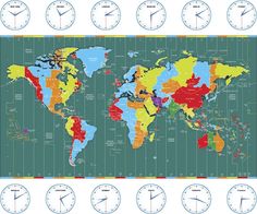 a world map with clocks and time zones in different colors, all on separate sides