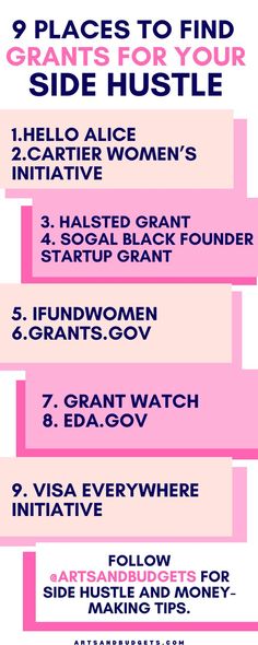 a pink poster with the words 9 places to find girls for your side hustle