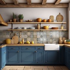 a kitchen with blue cabinets and yellow dishes on the counter top, along with wooden shelves