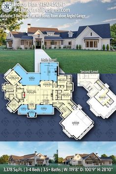 House Plan 915045CHP gives you 3300 square feet of living space with 3 - 4 bedrooms and 3.5+ baths Dream House Layout, Angled Garage, Mud Laundry Room, Family Bedroom, Bedroom Suites, Home Design Floor Plans, Chef's Kitchen, Floor Plan Layout, Bedroom Floor Plans