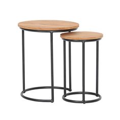 two round tables with metal bases and wood tops, one on each side is black