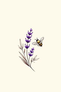 a drawing of a bee flying over lavender flowers