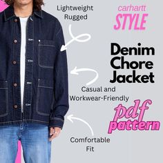 a man standing in front of a pink background with the words denim chore jacket on it