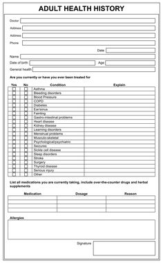 an adult health history form is shown in this image, it shows the information for each individual