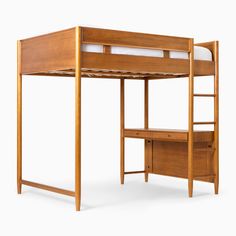 a wooden bunk bed next to a desk with drawers on each side and a shelf underneath it