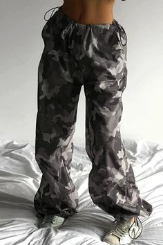 Olivia Mark - Mid-Rise Cargo Trousers with Grey Camouflage Print and Adjustable Strings Black Camo Pants, Drawstring Cargo Pants, Wide Leg Cargo Pants, Grey Cargo Pants, Black Bustier, Camo Pants, Camouflage Print, Black Camo, Denim Midi Skirt