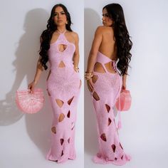 Brand New Chic Crochet Knit Party Dress, Summer Party Knit Maxi Dress, Chic Knit Vacation Dress, Chic Knit Dress For Vacation, Chic Pink Crochet Dress For Summer, Chic Pink Crochet Dress For Spring, Knit Midi Dress For Summer Evenings, Summer Evening Crochet Dress, Summer Knit Dress For Night Out