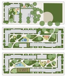 the plans for an urban park are shown in two separate sections, with trees and bushes on each side